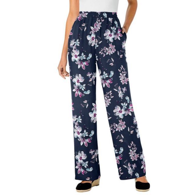 【送料無料】 ウーマン ウィズイン レディース カジュアルパンツ ボトムス Woman Within Women's Plus Size Petite Pull-on Elastic Waist Soft Pants Navy Blossom