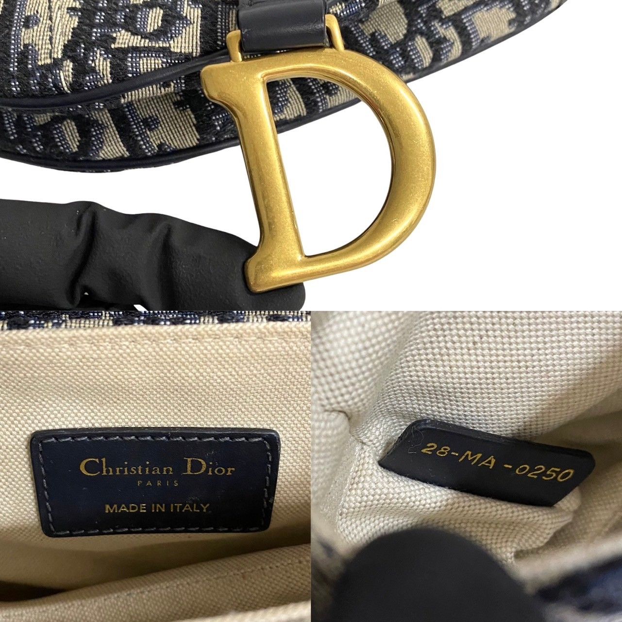 極 美品 Christian Dior ディオール オブリーク サドルバッグ トロッター 柄 ロゴ 金具 キャンバス レザー ハンドバッグ ネイビー  28736