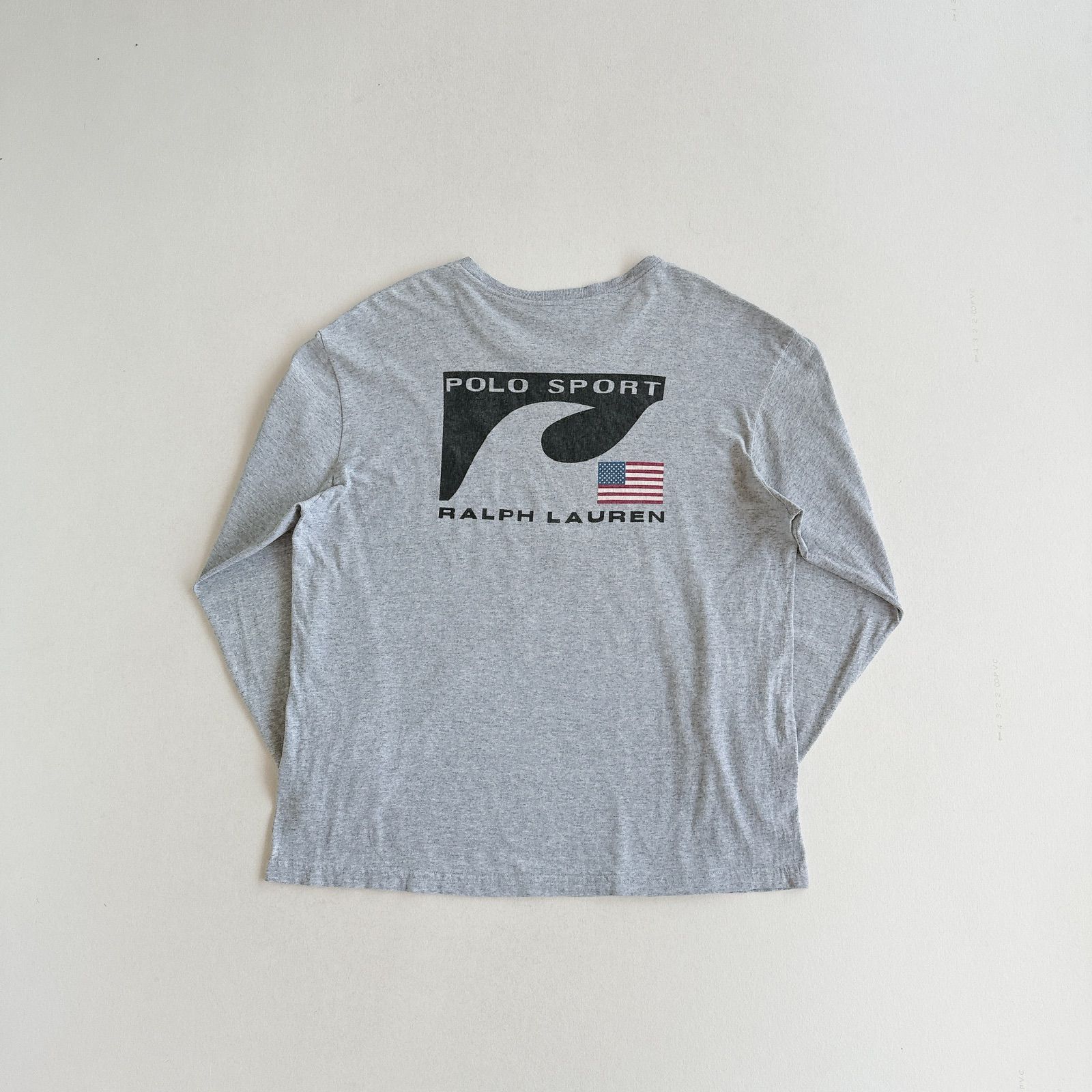 90s USA製 ポロスポーツ ロンT 星条旗 プリント グレー RalphLauren 