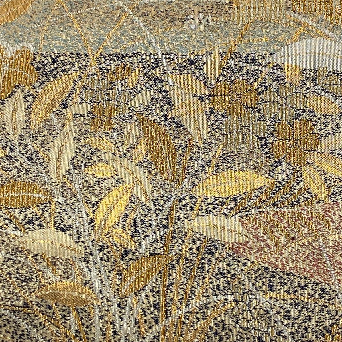 袋帯フルセット(7点)・極美品・ガード加工済・古典柄・深緑色・正絹・トールサイズ 袋帯 美品 秀品 花鳥 菱 金糸 箔 金色 六通 正絹 中古 袋帯 美