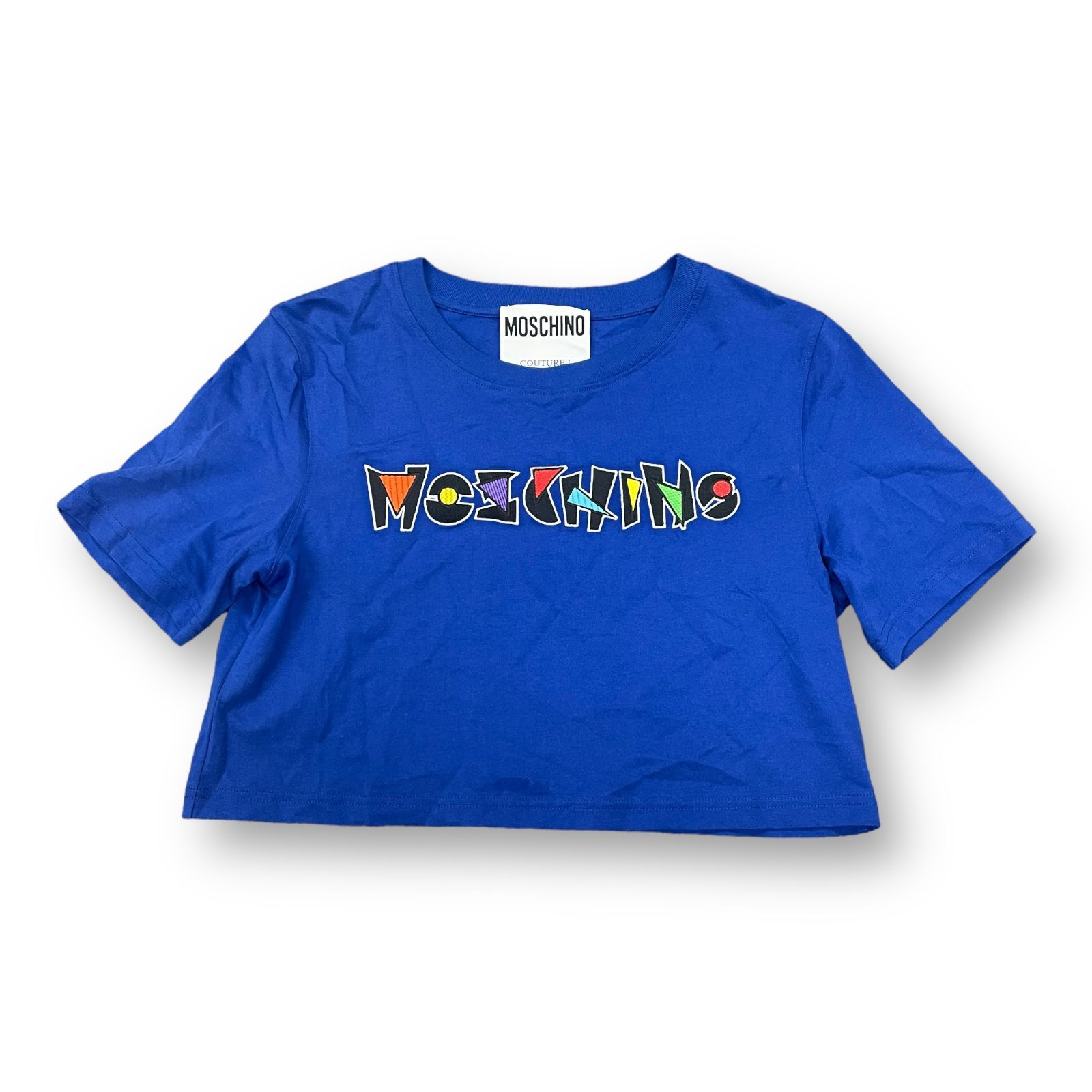 未使用品 MOSCHINO 21SS ショート丈 ロゴ刺繍 クルーネック Tシャツ