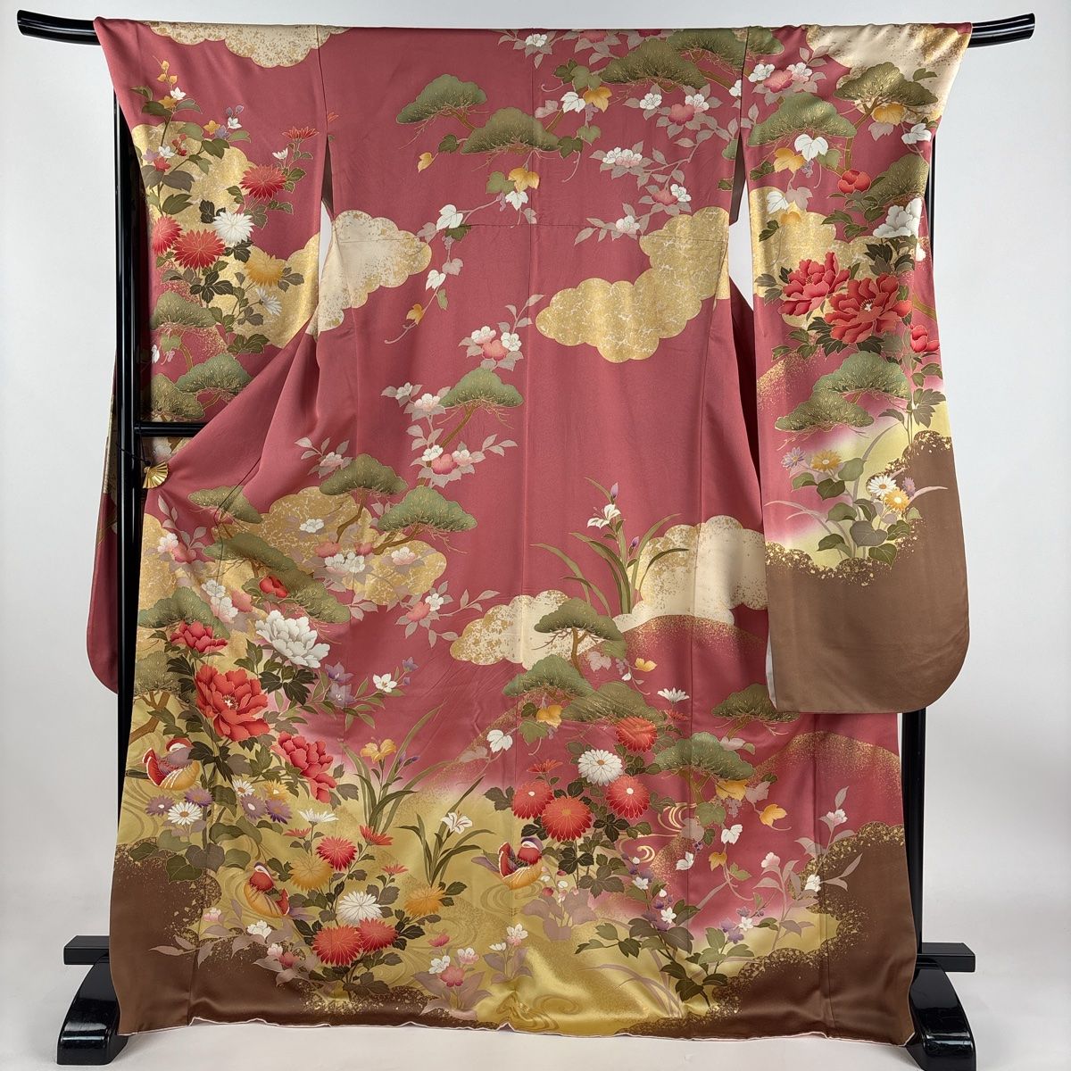 【齋藤】振袖 身長159-174cm ピンク 正絹 くすみカラーガーリー 淡色/ピンク 牡丹柄 トレンド かわいい