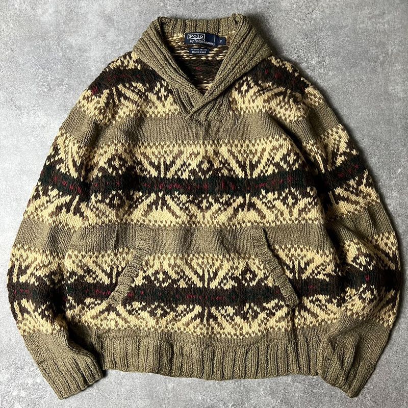 手編み 90s POLO RALPH LAUREN ネイティブ 総柄 ウール シルク ハンド ...