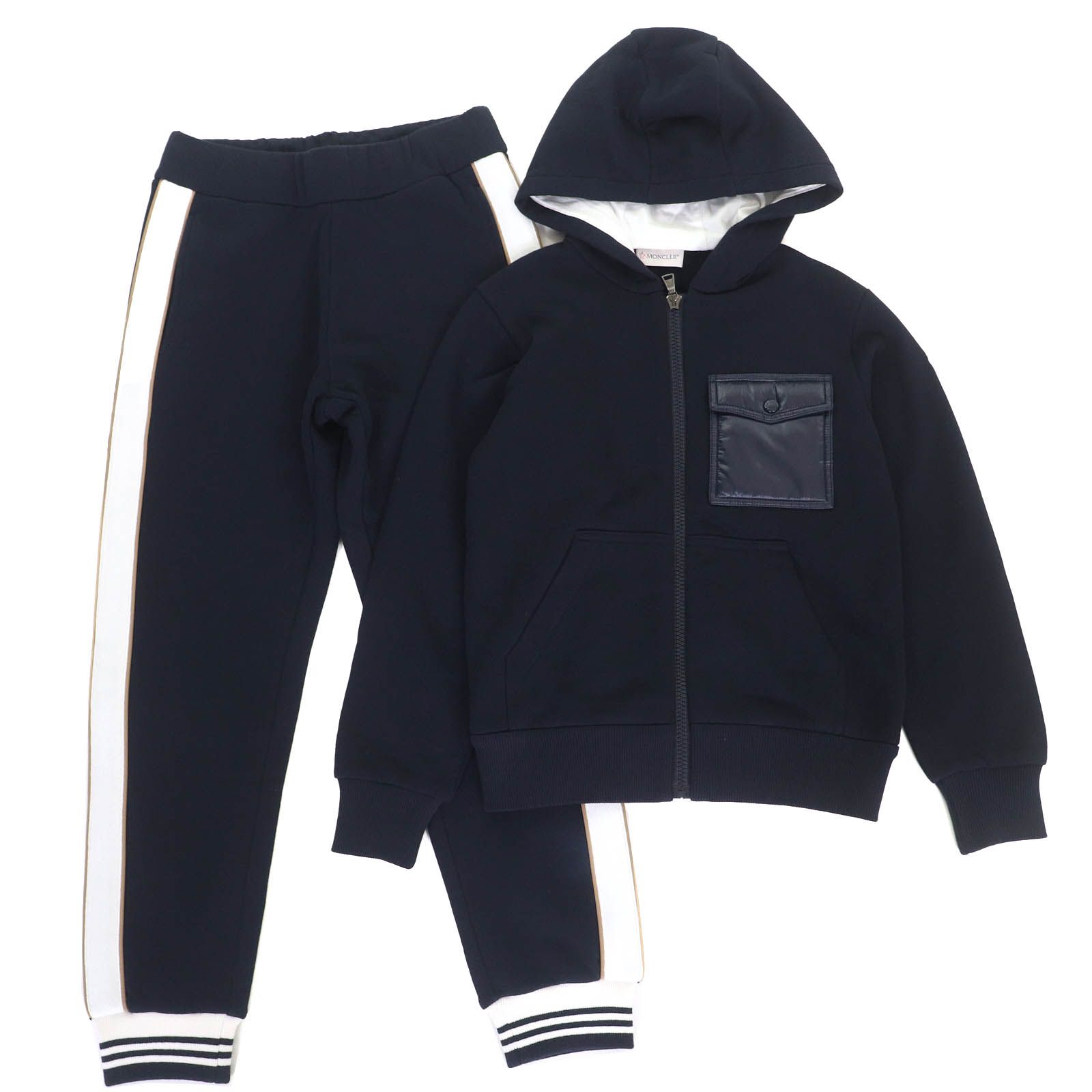 ♥品△MONCLER モンクレール コットン100％ ロゴワッペン スウェット ジップパーカー ジョガーパンツ セットアップ ネイビー ホワイト 10anni 140cm 正規品 キッズ