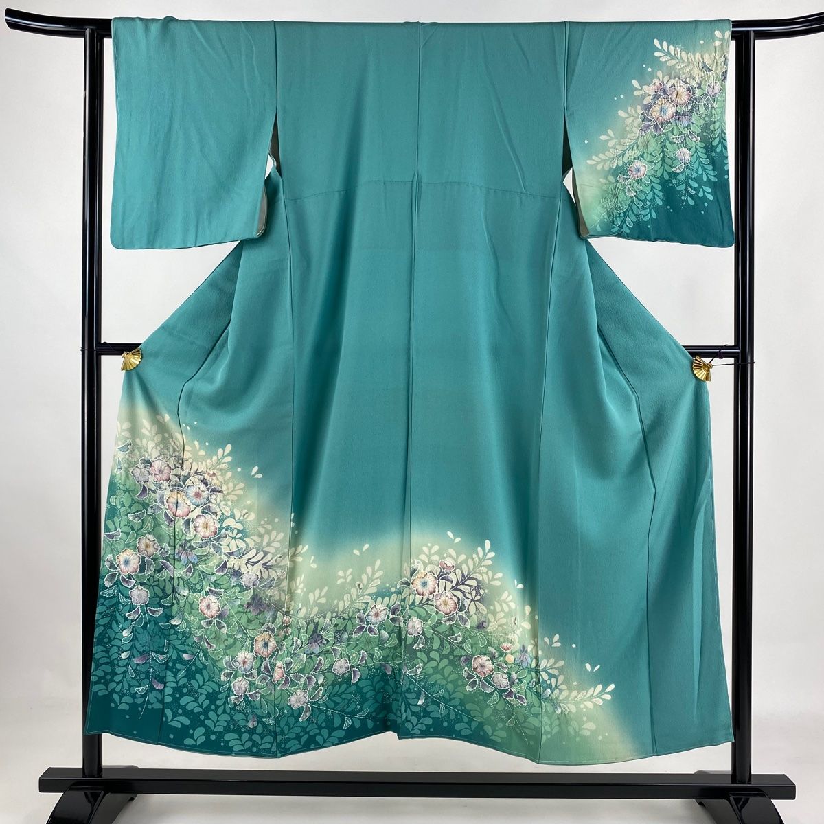 訪問着 身丈151cm 裄丈61cm S 袷 辻が花 ぼかし 薄緑 正絹 名品 【中古  