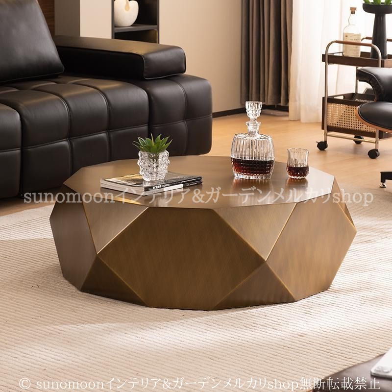 ファセット調 センター テーブル 木目調 多面体 おしゃれ かわいい ラグジュアリー インテリア ロー 丸 テーブル ステンレス ブラウン