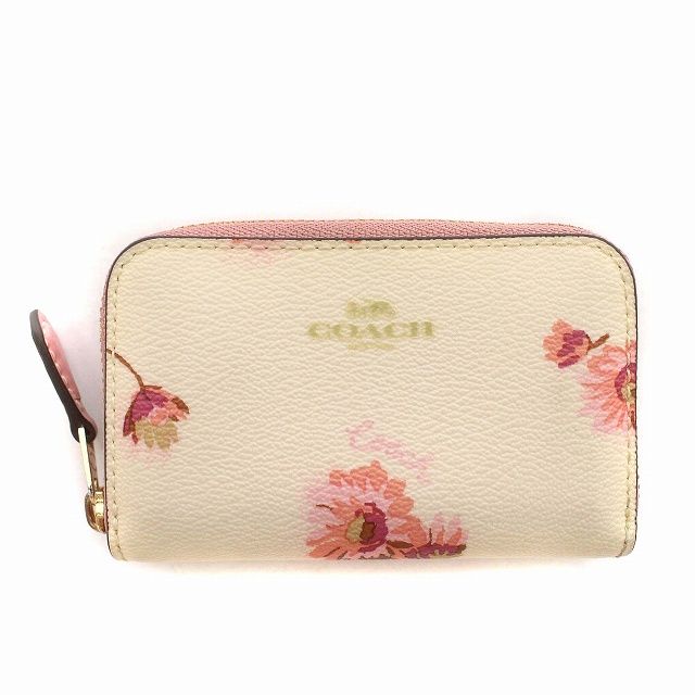 コーチ COACH 財布 小銭入れ コインケース 花柄 ラウンドジップ PVC 白 