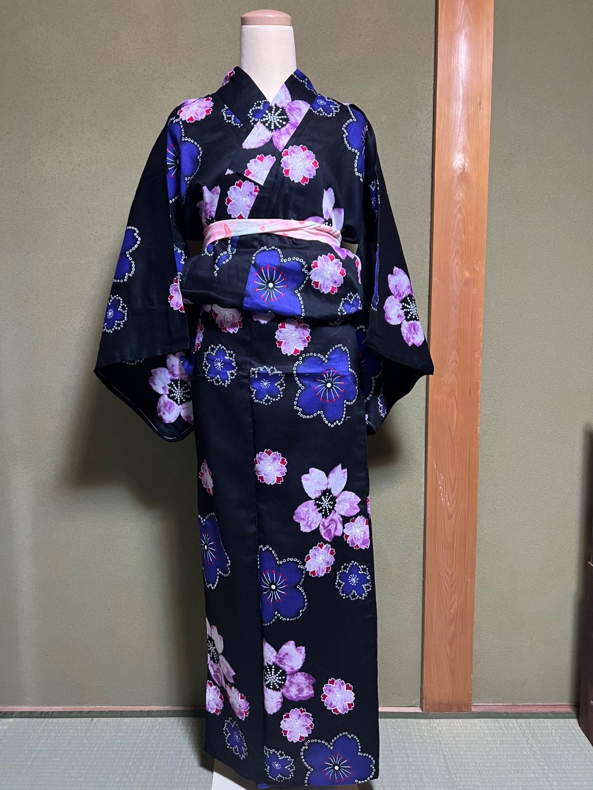 F087 浴衣 新品 黒 桜 絞り風 - メルカリ