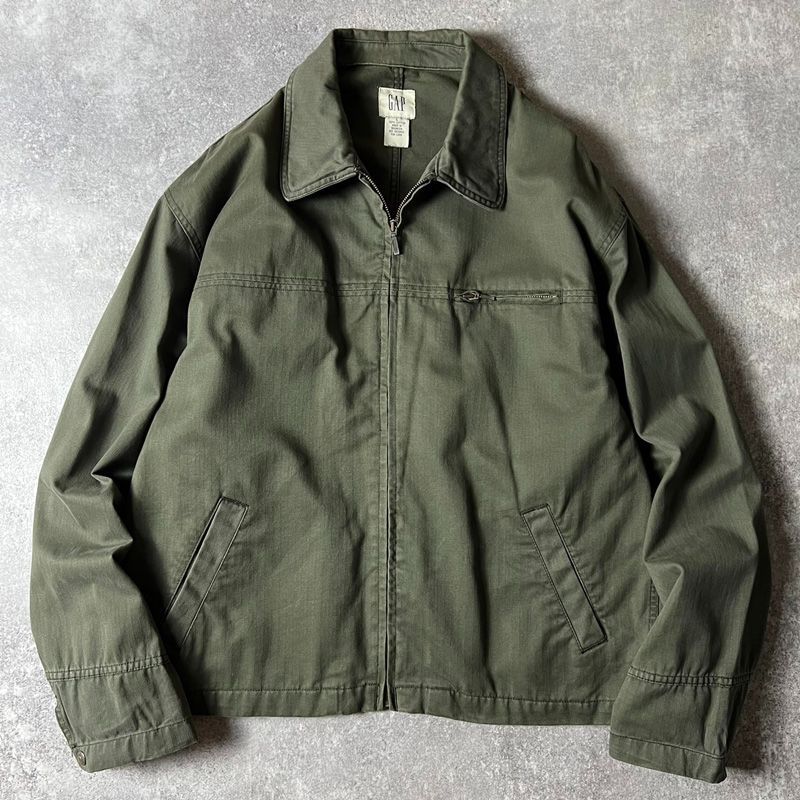 90s GAP フルジップ コットン ヘリンボーン ツイル ワーク ジャケット L / 90年代 オールド ギャップ HBT オリーブ スイングトップ