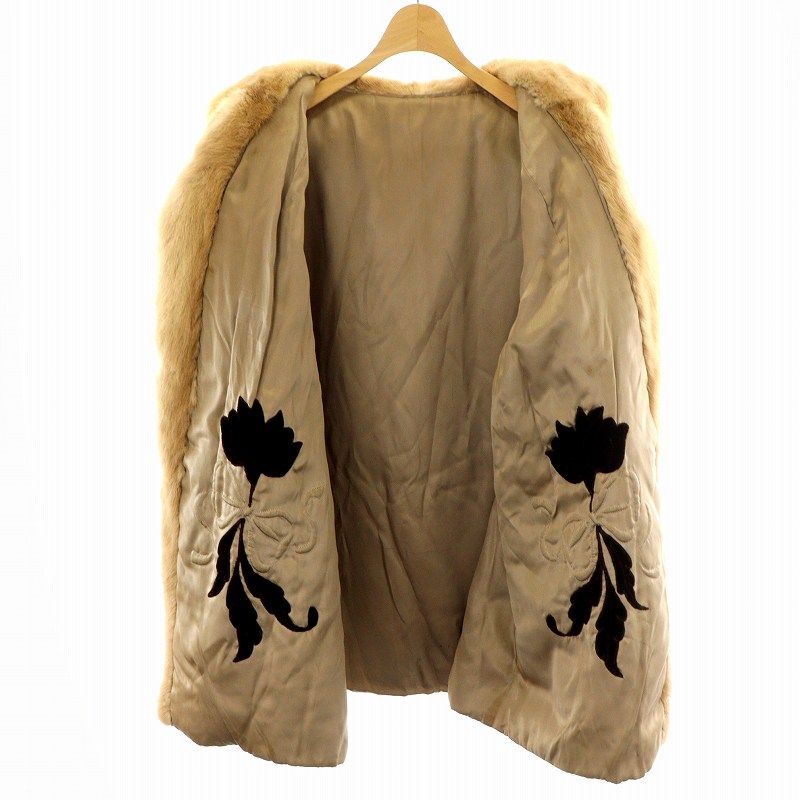 ファーコート ハーフ ミドル ミンク 毛皮 総裏地 刺繍 花柄 茶