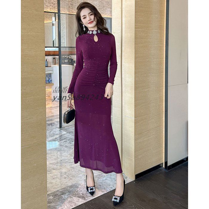 ネックビジュー ストレッチタイト 長袖ロングドレスワンピース 紫 キャバ スナック パーティー ドレス レディース 韓国 yan5a894243