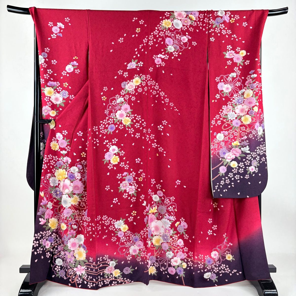 振袖 身丈163cm 裄丈73cm L 袷 桜 草花 金通し 箔 赤 正絹