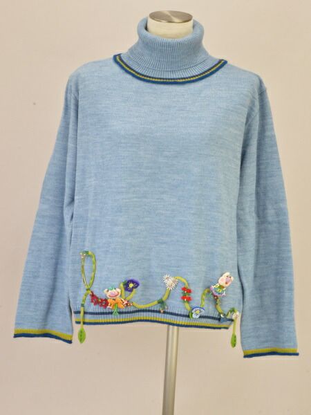 アルベロベロ ALBEROBELLO ぶたさん ニット タートル 長袖 アップリケ ブルー レディース j_p F-M13287 アルベロベロ ALBEROBELLO ぶたさん ニット タートル 長袖 アップリケ