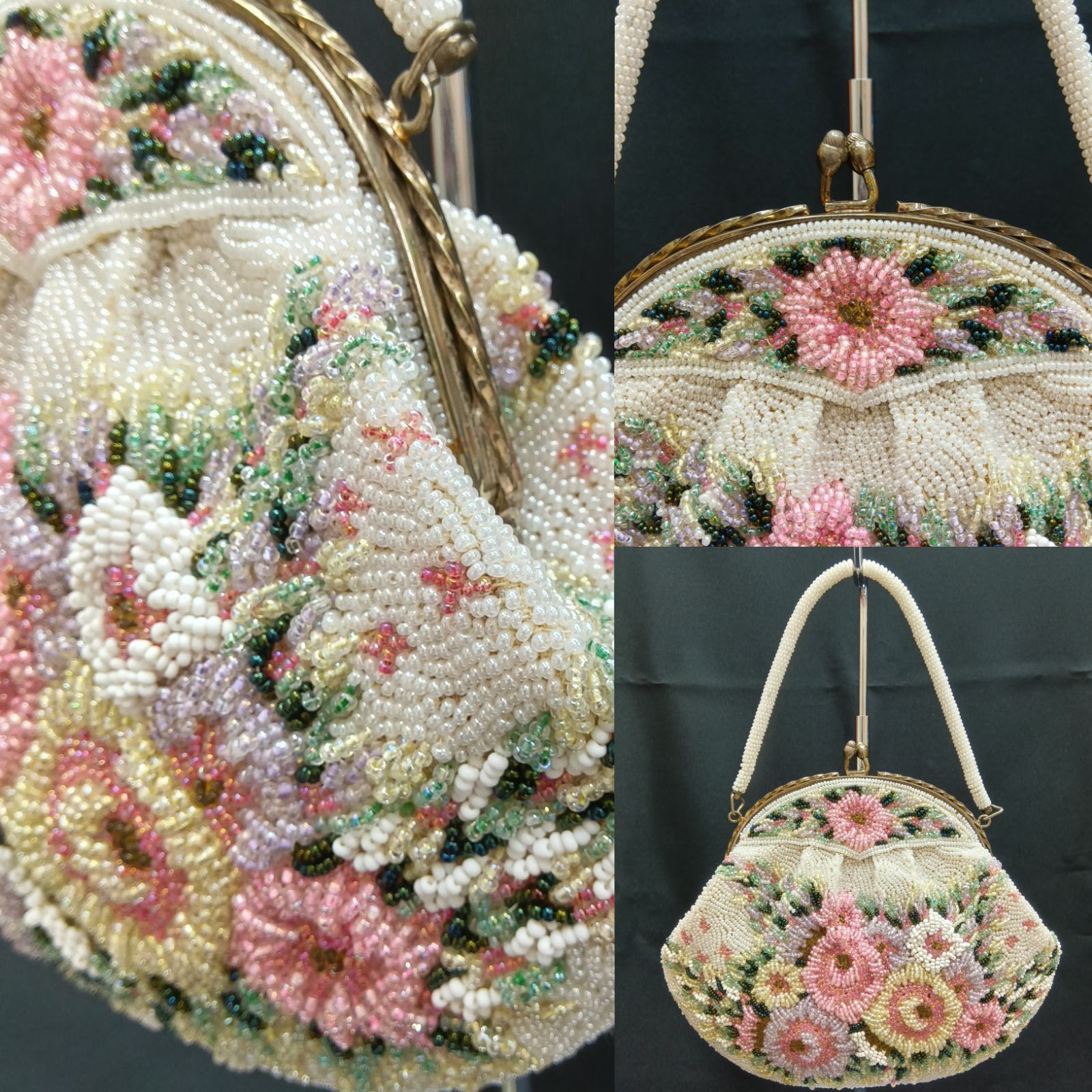 ヴィンテージ調◎昭和レトロ 希少レア 🔷 総柄 ビーズ刺繍バッグ ／ 花