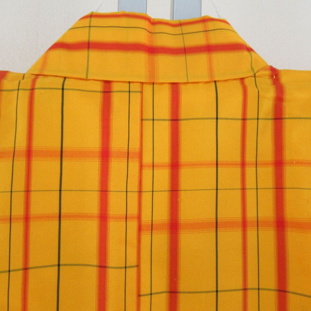 子供着物 絹 紬 格子模様 黄色x赤色 女児用 アンサンブル 身丈90.5cm