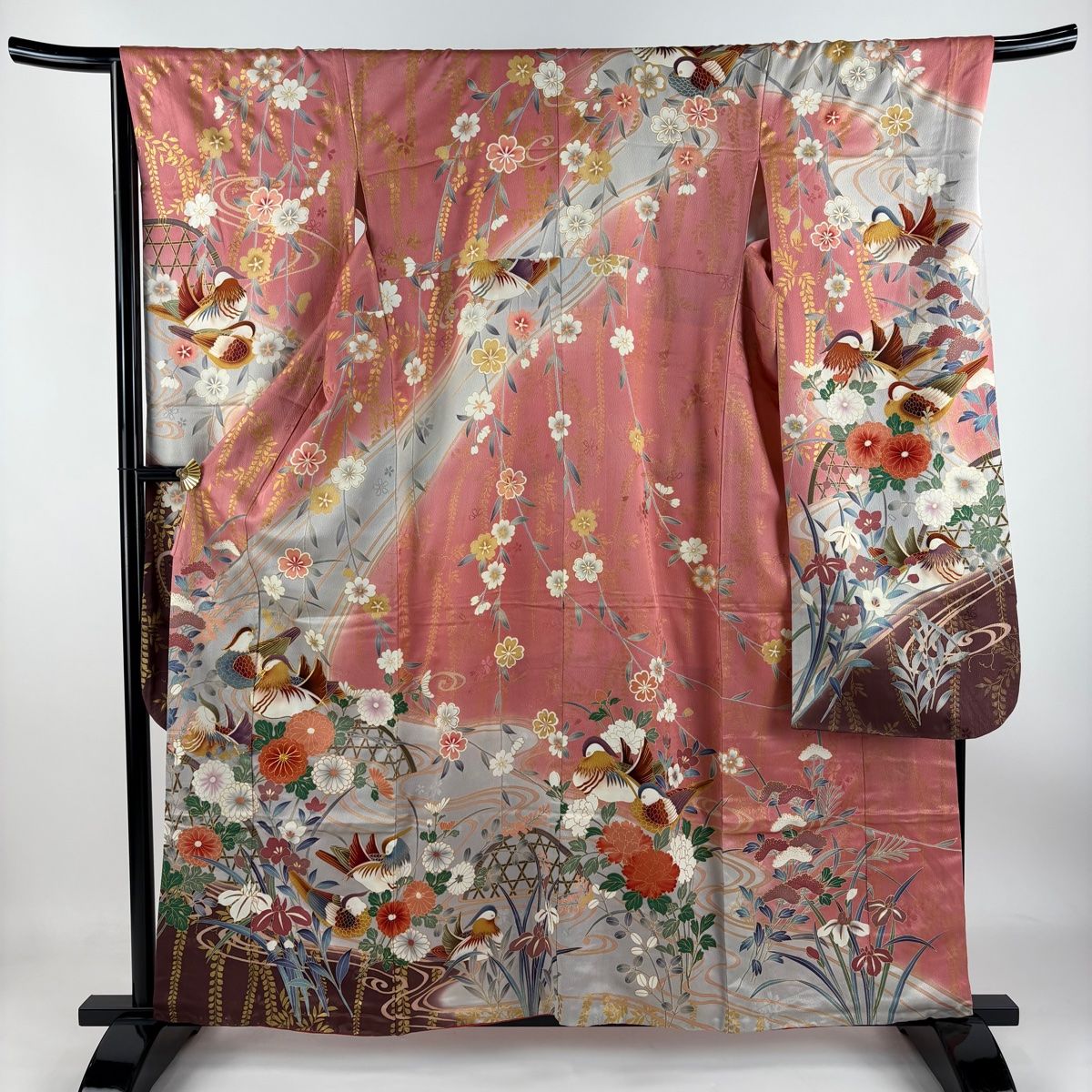 振袖 身丈160cm 裄丈68cm L 袷 鴛鴦 菊 金糸 金彩 ピンク 正絹 名品