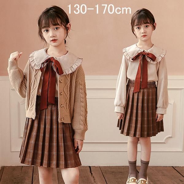 3点セット 子供服 女の子 プリーツスカート カーディガン 春 秋 可愛い 入学式 卒園式 長袖シャツ リボン 通園通学 おしゃれ フォーマル 130 140 150 160 170