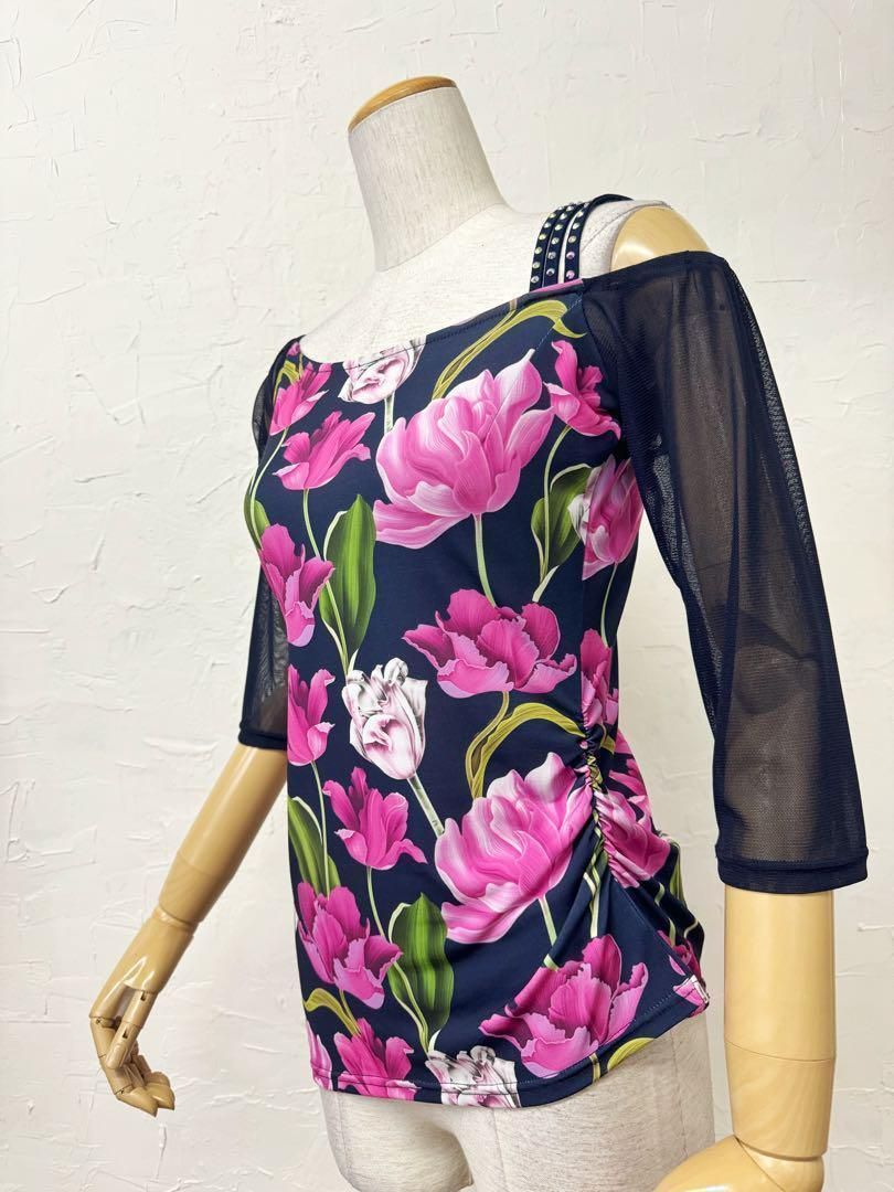【紺】新品　社交ダンス　ピンク花柄プリント　アシンメトリーカットソーr241 紺】新品 社交ダンス ピンク花柄プリント アシンメトリーカットソー
