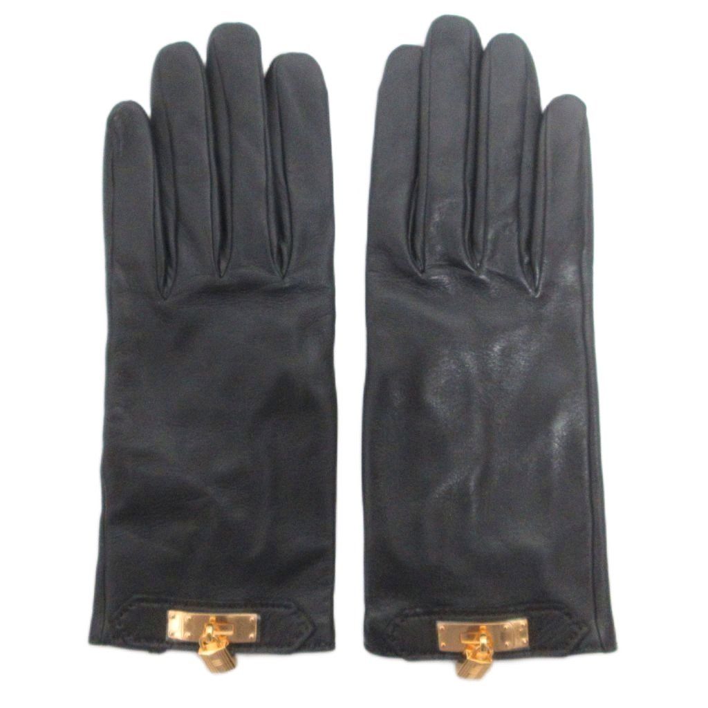 直立の エルメス HERMES グローブ 手袋 カデナチャーム 南京錠 レザー 黒 ブラック 7.5 AA