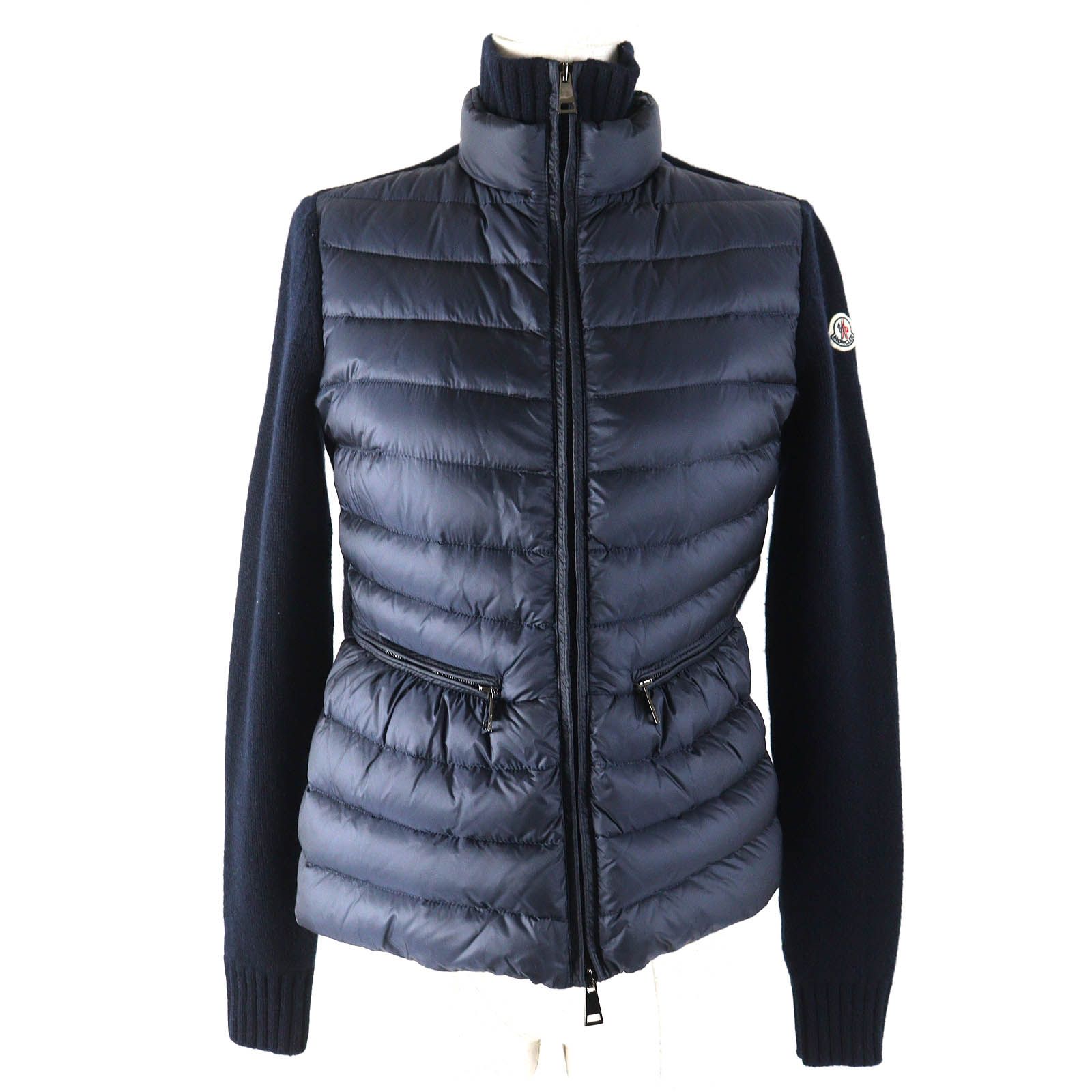 △MONCLER モンクレール MAGLIONE TRICOT CARDIGAN カシミヤ混 カーディガン ニット切替 ロゴワッペン ブルゾン ダウンジャケット ネイビー XS レディース