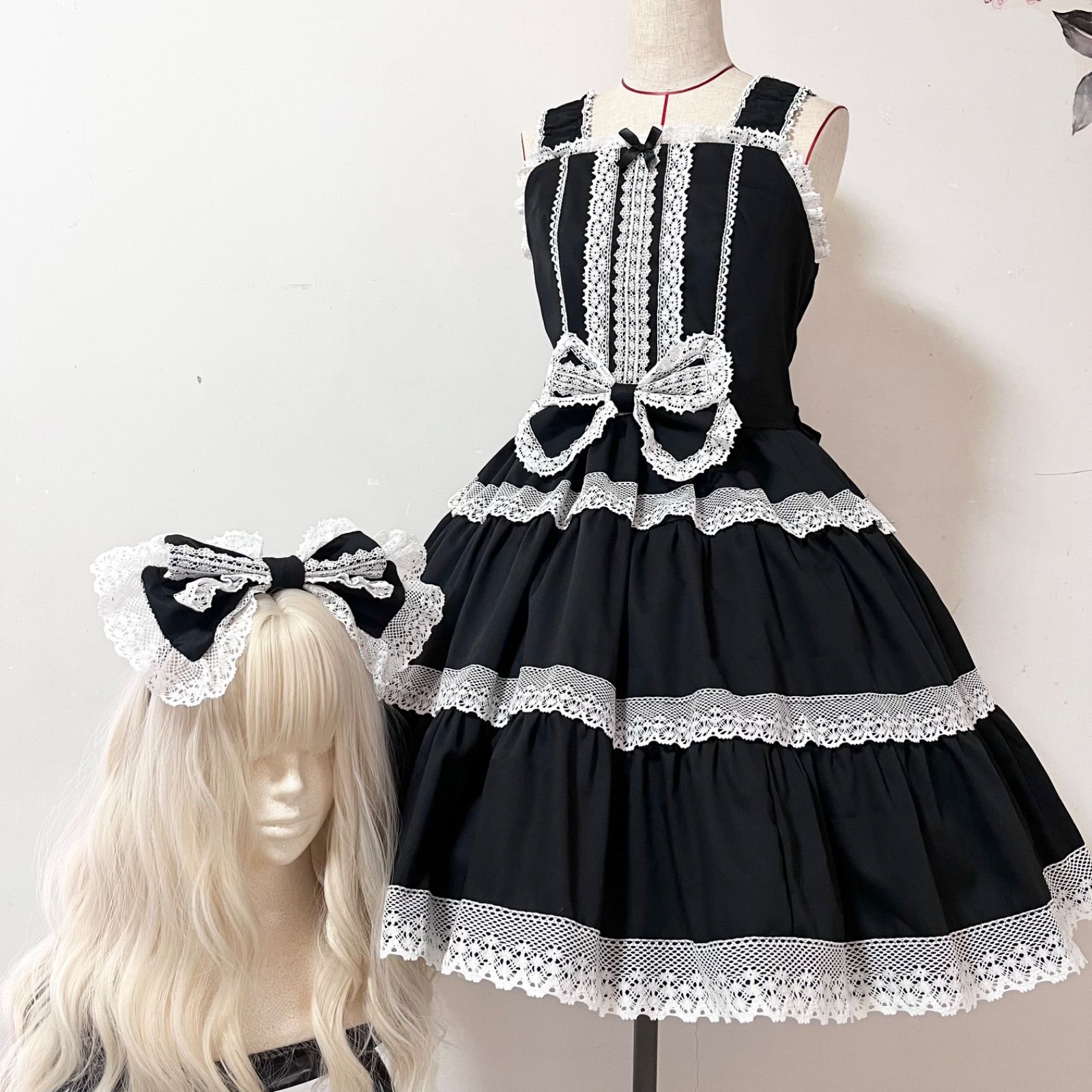 懐古ロリィタ✨️ティアードジャンパースカート 黒×白 ロリィタ