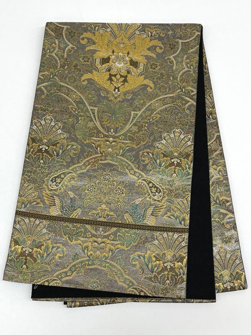 服部織物 袋帯 ロココ王朝文様 プラチナ本金箔 手工業 鳥 正絹 六通 