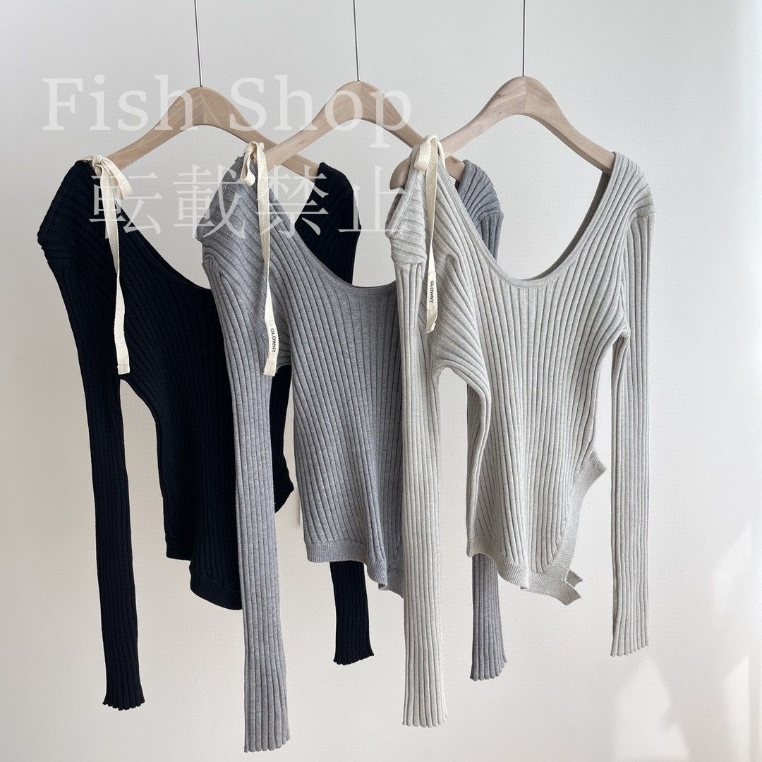 韓国 GLOWNY グロウニー G I-DLE ミヨン 着用アシンメトリーニット 人気 長袖 ISA ASYMMETRICAL KNIT TOP グレー