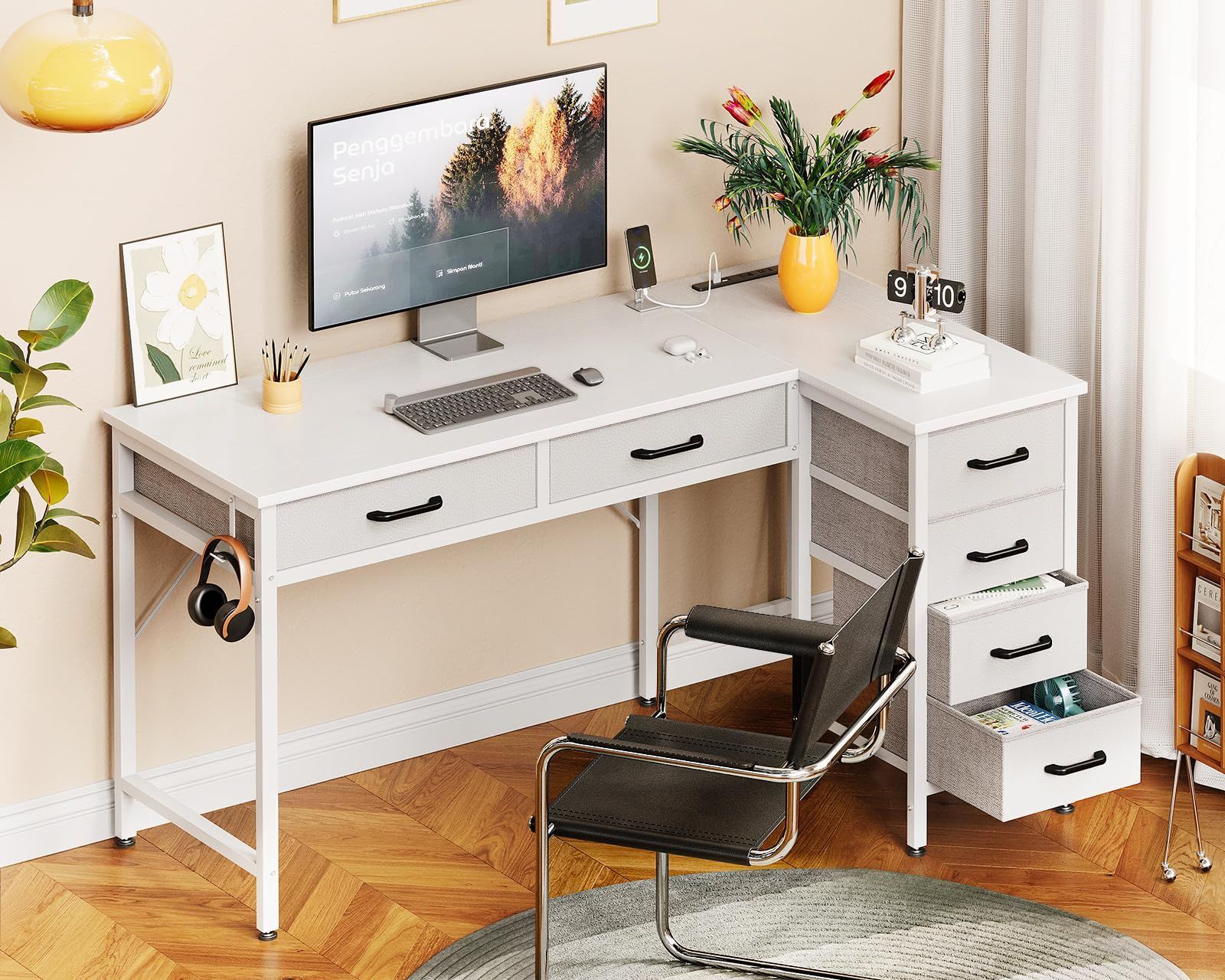 AODK L字デスク パソコンデスク デスク ゲーミングデスク コンセント付き 右棚左棚 PCデスク 引き出し6杯付き 幅126cm 多層収納 頑丈フレーム 省スペース 白 オフィスデスク 学習机 北欧風 家庭用 オフィス用 大容量収納 組立簡単