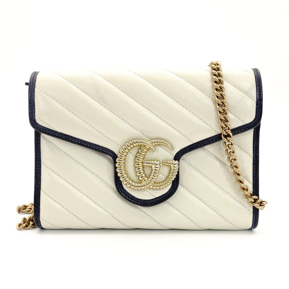グッチ GUCCI GGマーモント キルティング チェーン ショルダーバッグ ホワイト×ネイビー レザー GGロゴ クロスボディ 7-9-262