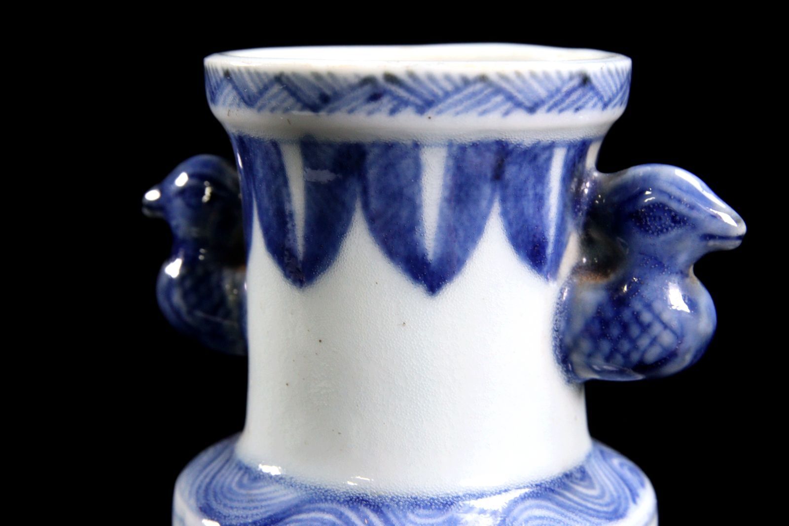 中国古玩 白磁製 鳥双耳染付花瓶 12.5cm 箱付 唐物