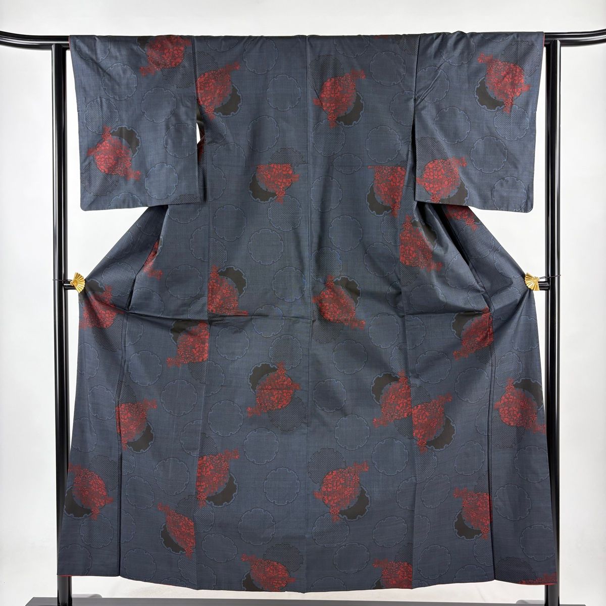 紬 身丈156.5cm 裄丈62cm S 袷 雪輪 草花 紺色 正絹 秀品