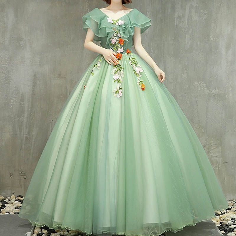 カラードレス 編み上げ グリーン 半袖 緑 ロングドレス 結婚式