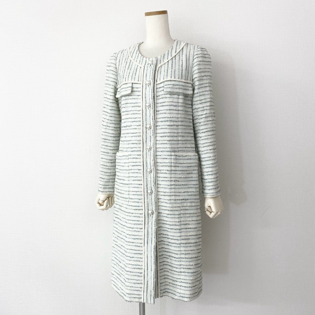 61i30 Rene ルネ TISSUE ツイードロングコート 4つポケット パール