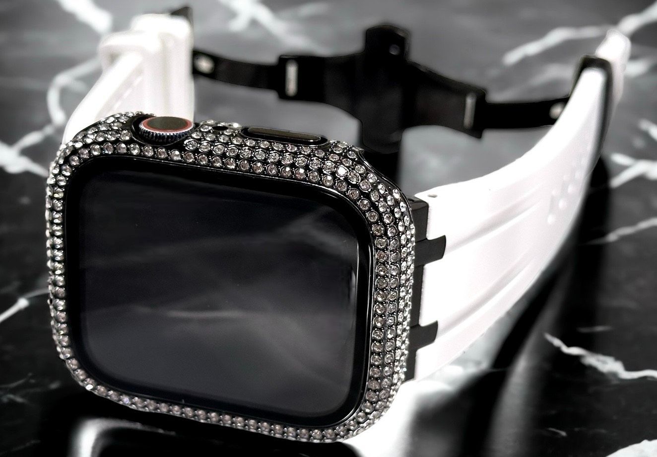 ホワイト-ブラック 316Lステンレス シームレス アップルウォッチ ラバーベルト Apple Watch キラキラ ケース カバー 38mm 40mm 41mm 42mm 44mm 45mm Apple Watch バンド