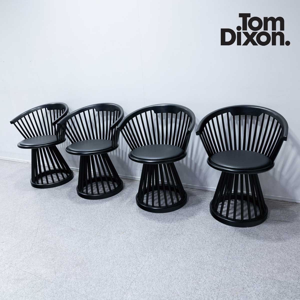 【中古品】Tom Dixon トムディクソン FAN DINING CHAIR ファン ダイニング チェア ブラック レザー 4脚セット 定価77万