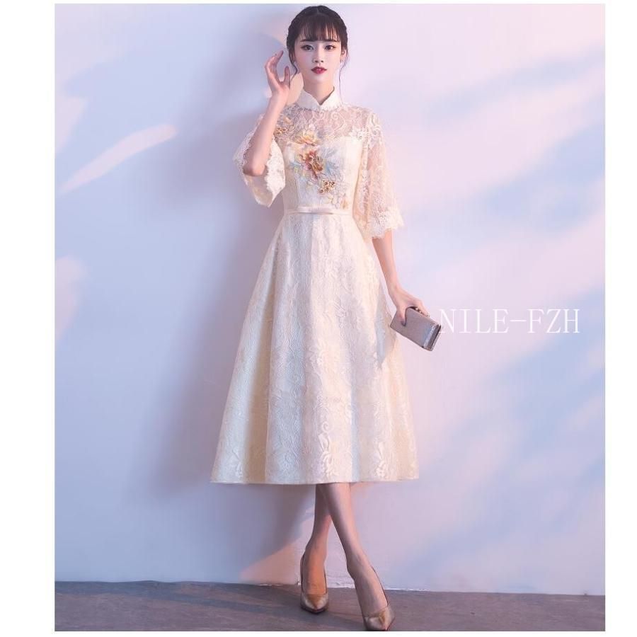 ミモレドレス ウエディングドレス パーティードレス 10代 20代 30代40代 結婚式ワンピース 袖あり aライン お呼ばれ 食事会 二次会 披露宴 卒業式 成人式