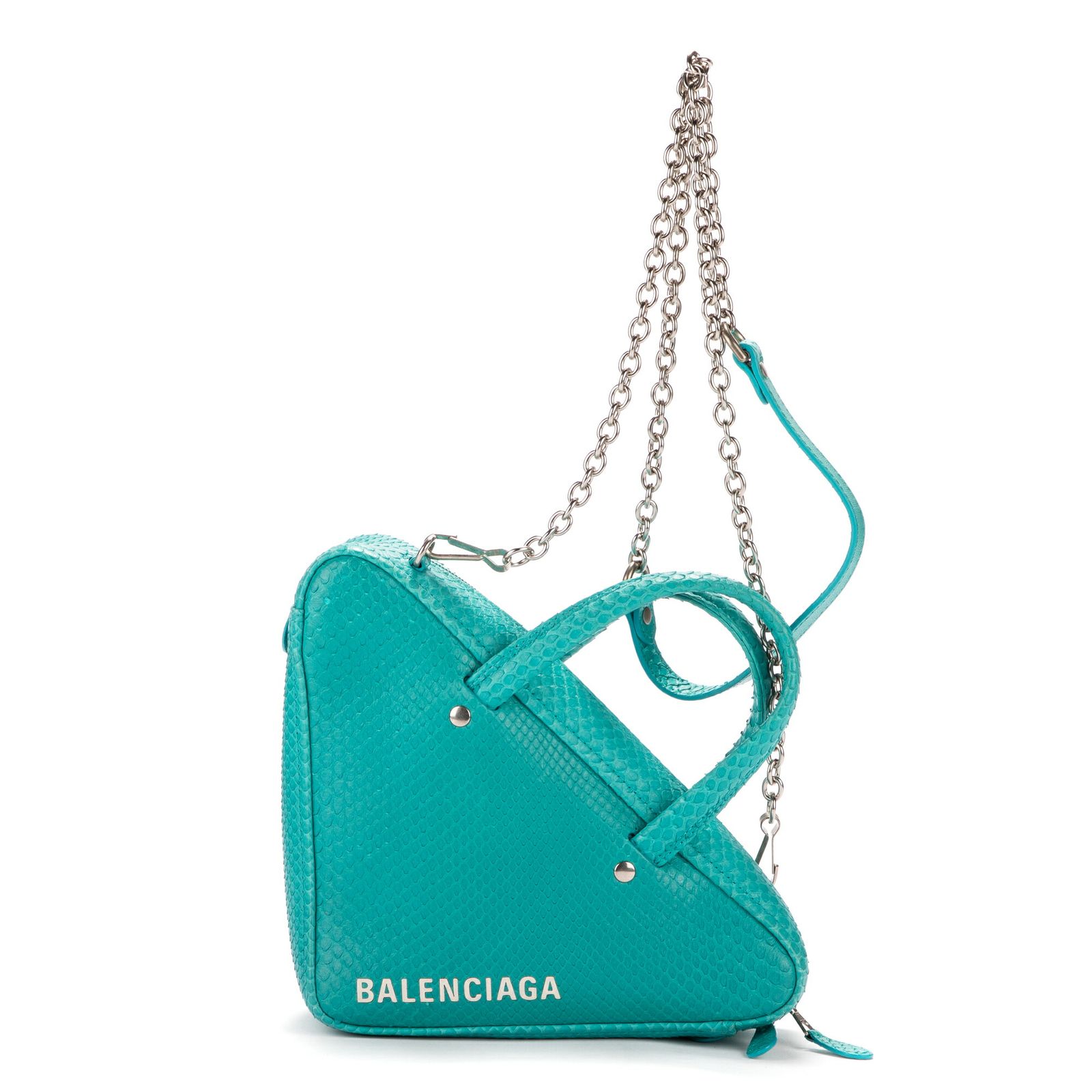 BALENCIAGA バレンシアガチェーン付きトライアングルポーチ青エンボスレザーA