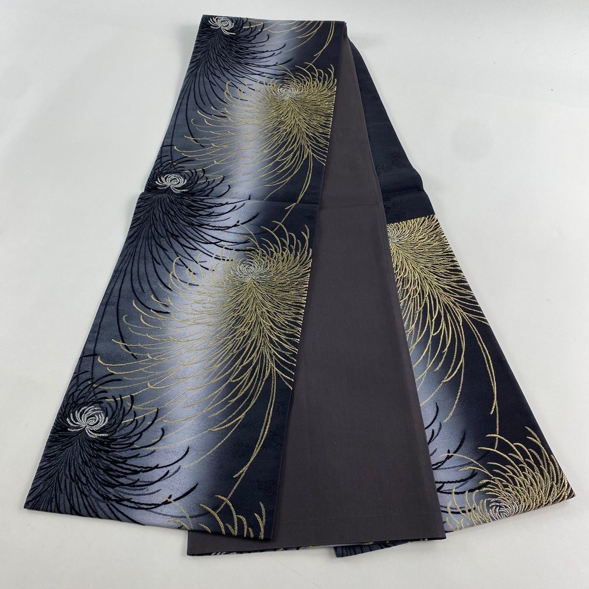 まりんこ★しゃれ袋帯◆正絹◆金糸◆銀糸◆未使用美品 袋帯 美品 名品 乱菊 金銀糸 ぼかし 墨色 六通 正絹 【中古