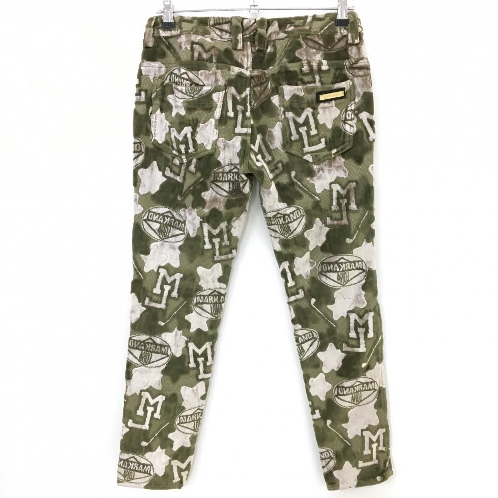 超 マークアンドロナ パンツ カーキ×ベージュ カモフラ柄 迷彩 一部ベロア調 ストレッチ レディース M ゴルフウェア MARK&LONA