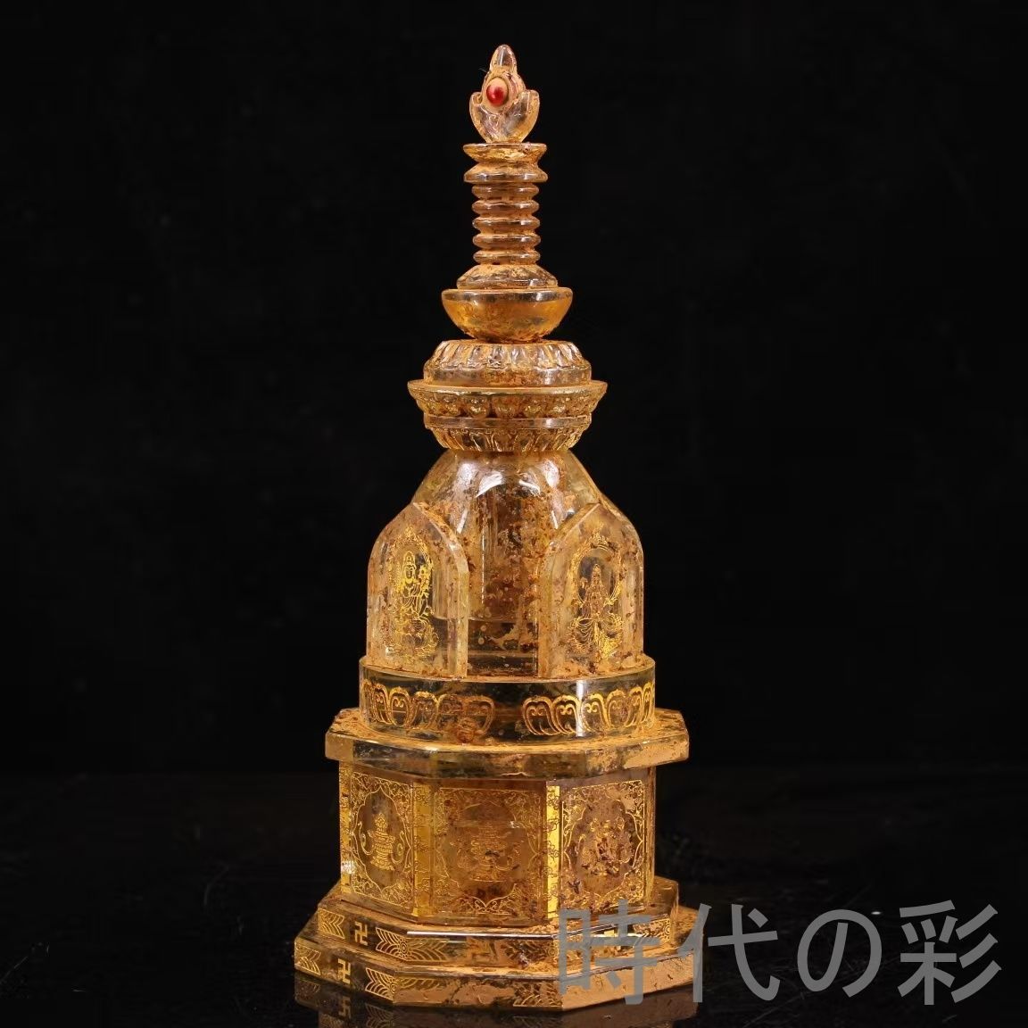 中国古美術 古寺院結縁 清代 老水晶 彫刻 図騰 描金 八宝 舎利塔 仏教美術 唐物 細工 古賞物 置物 時代物 収集 古美味 旧家蔵出 時代物 R07100302