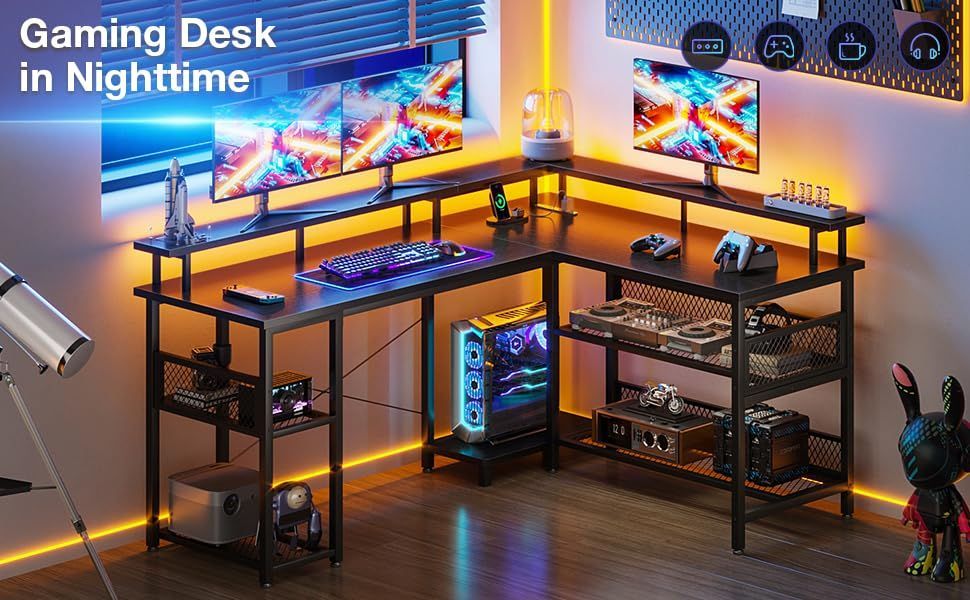 勉強机 LEDライト付き 棚付き pcデスク オフィスデスク 幅150 机 ワークデスク l字デスク 子 コンセント付き 在宅勤務 パソコンデスク 事務机 ゲーミングデスク 組立簡単 AODK ブラック