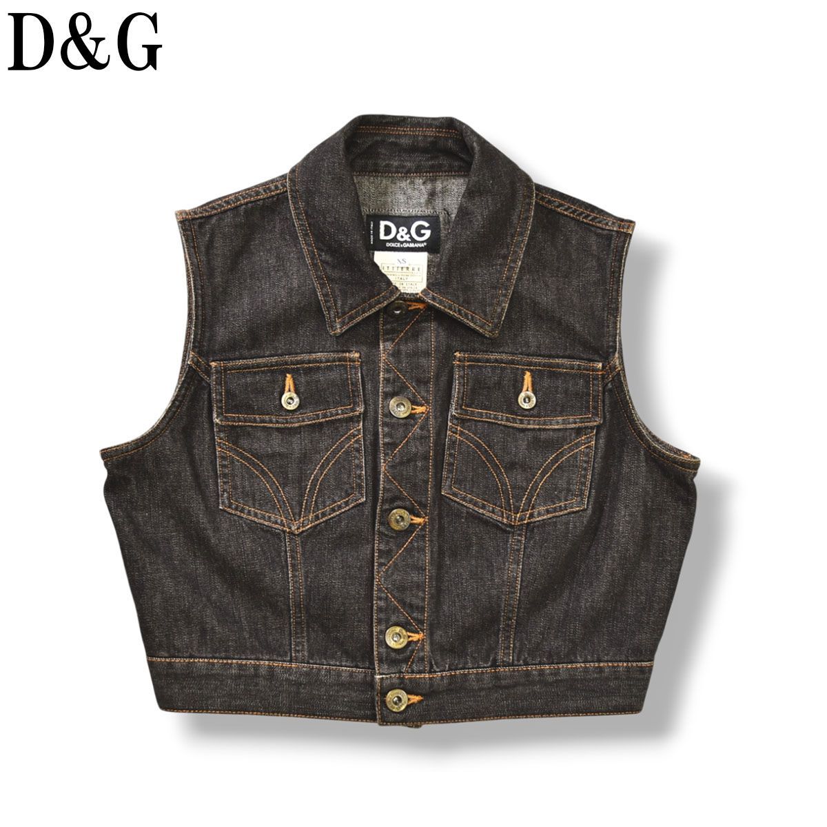 00s archive イタリア製 D-G ディーアンドジー DOLCE-GABBANA ドルチェ-ガッパーナ ショート丈 ノースリーブ ブラックデニム ジャケット ブルゾン Gジャン ベスト XS レディース ♪