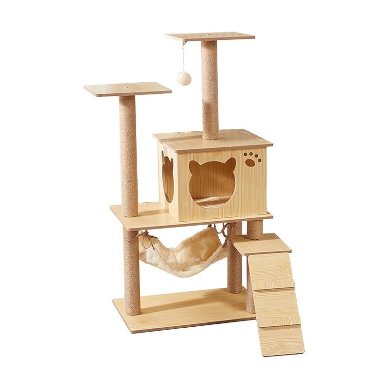 送料無料，限定SALE Yilucess キャットタワー 据え置き 木製 猫タワー 子猫向け キャットハウス ハンモック付き 組み立て簡単 安定性 省スペース 天然麻紐の爪とぎ 運動不足解消 日本語説明書付き 高さ115cm IoTデバイス(スマートデバイス)