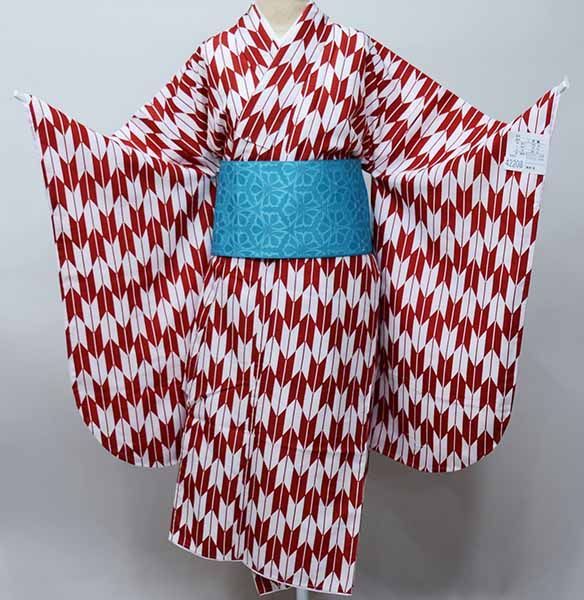 二尺袖着物 単品 仕立て上がり 矢羽根柄 矢羽 着物丈は着付けし易いショート丈 赤色×白色 卒業式 NO42208-03
