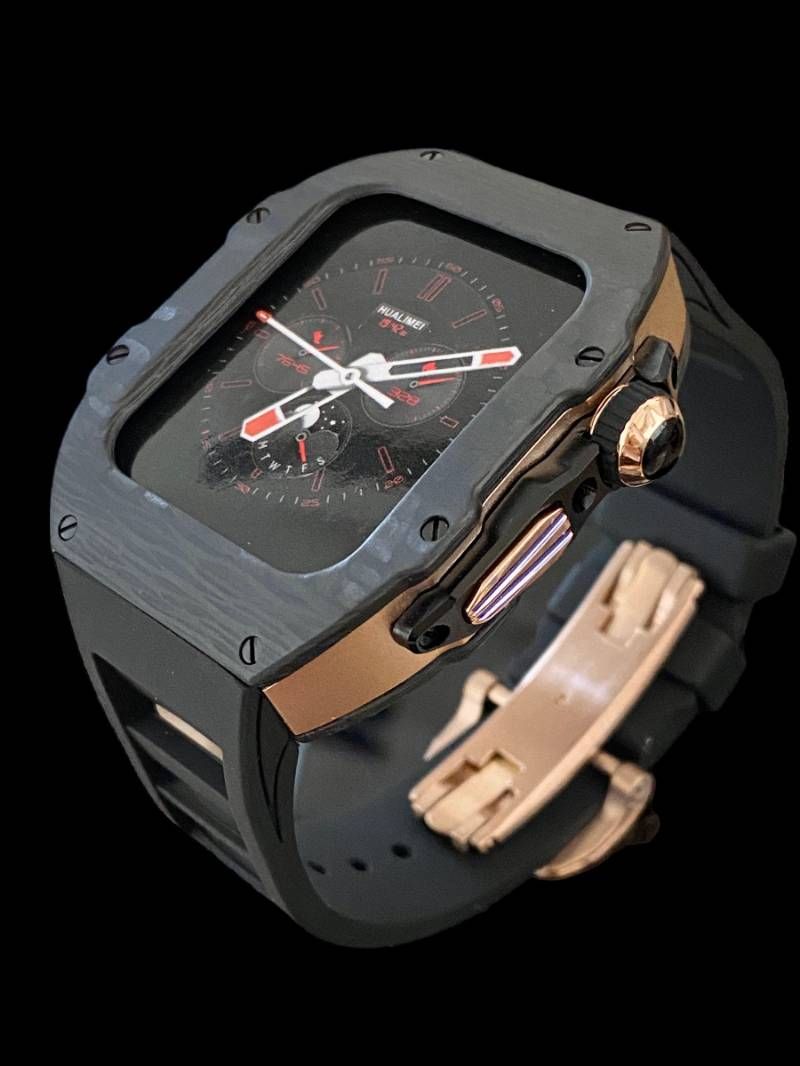 カーボン ブラックローズゴールドMIX アップルウォッチバンド ラバーベルト カバー ステンレス Apple Watch ケース 49ｍｍカスタム ウルトラ ultra メンズ レディース