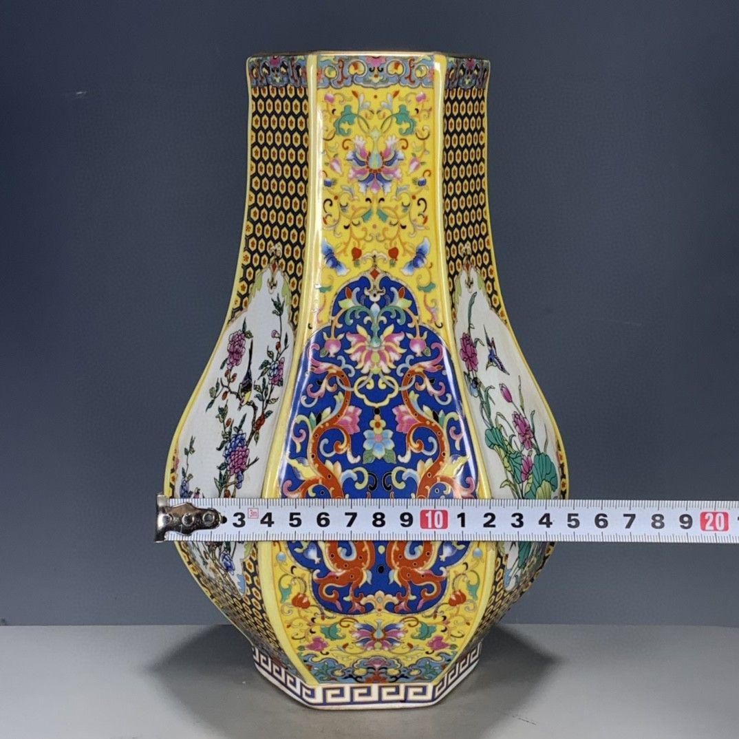 清代雍正彩蒔花鳥多稜花瓶 景徳鎮 陶磁器 装飾品 現代工芸品美術