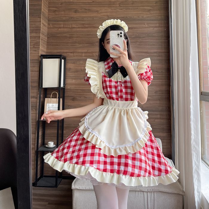 メイド服 チェック柄 喫茶店 レッド ブラック コスプレ ワンピース ロリータ 半袖 日常 萌え ハロウィン 仮装 レディース セクシー 蝶結ぶ 衣装 可愛い 大人用 luolita09