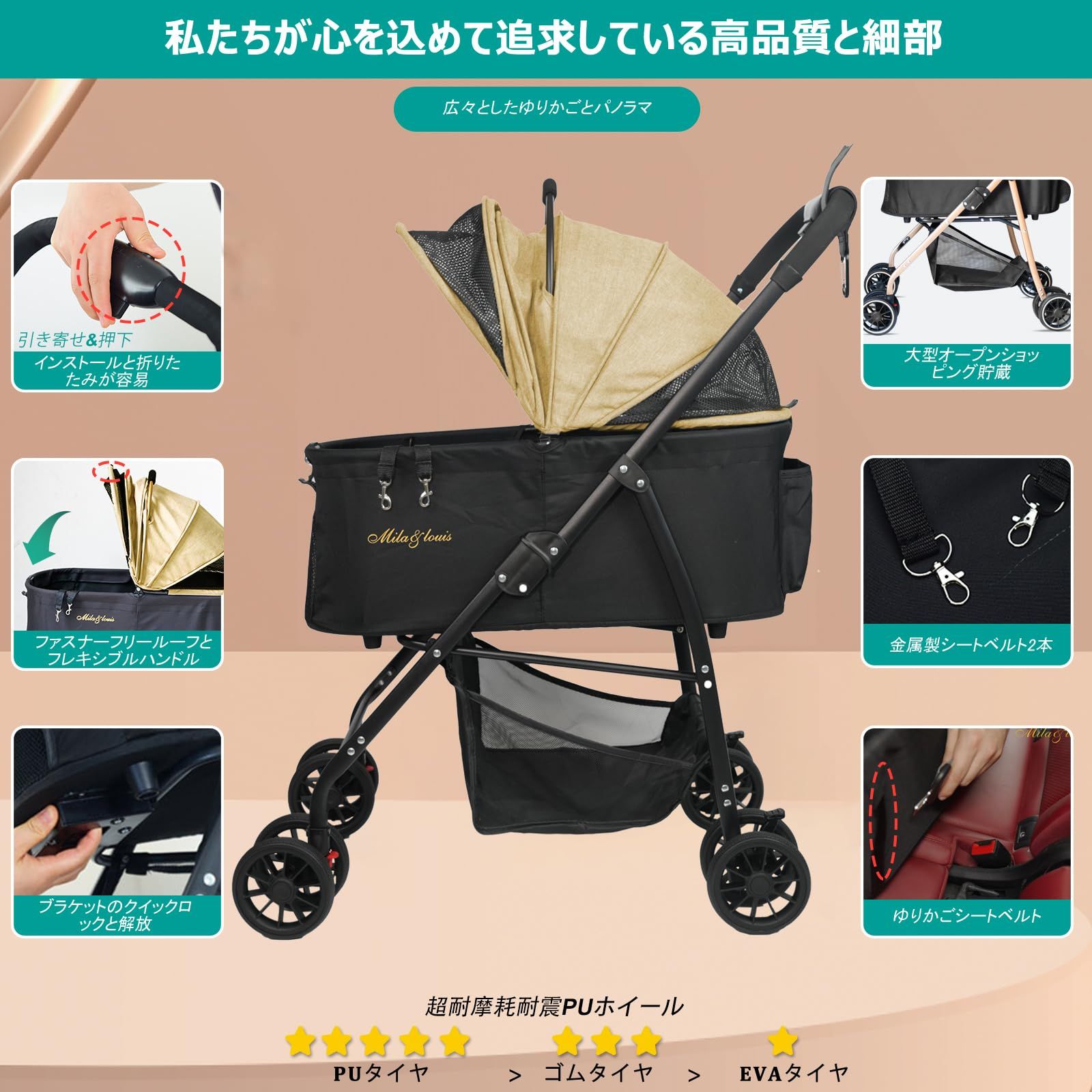 ベビーカー 犬 人気 分離型 取り外し 犬 中型犬一匹用 バギー 全体型 ワンタッチ 多頭の小型犬-猫 折りたたみ 犬用カート コンパクト 軽量 ペットカート 66cmの大型ゆりかご ドッグカート PU耐摩耗ホイール ペット MILA-LOUI STEELWINDOWSANDDOORS_COM