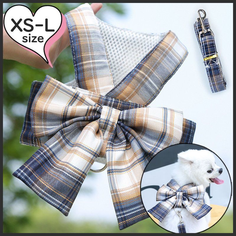 ハーネス 姫系 チェック柄 リボン 犬 リード付き 小型犬 中型犬 服 かわいい【ネイビー×イエロー】