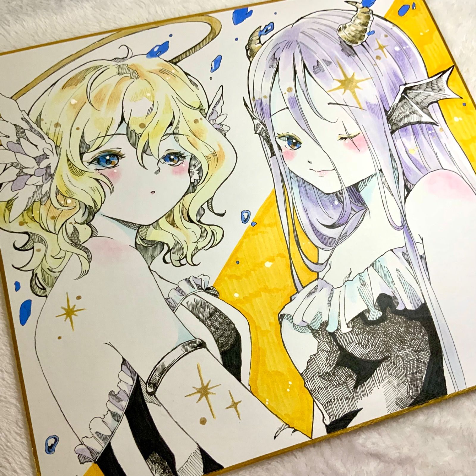 オリジナルイラスト 天使と悪魔ちゃん 色紙大 手描き 原画 女の子
